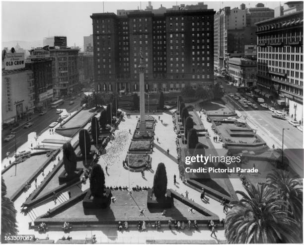 An air view of Union Square, well groomed with flowers, yews and boxwood, Union Square is the heart of San Francisco shopping district in San...