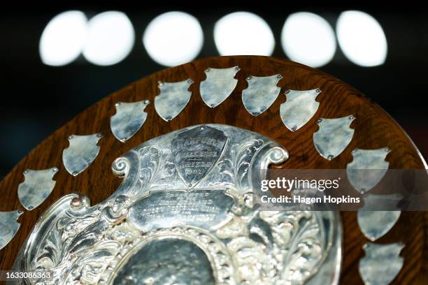 The Ranfurly Shield on display during the round three Bunnings Warehouse NPC match between Wellington and Tasman at Sky Stadium, on August 23 in...