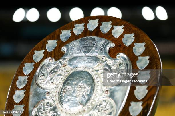 The Ranfurly Shield on display during the round three Bunnings Warehouse NPC match between Wellington and Tasman at Sky Stadium, on August 23 in...