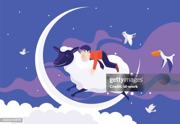 illustrazioni stock, clip art, cartoni animati e icone di tendenza di uomo d'affari che cavalca pecore e salta sulla luna - lonely sheep