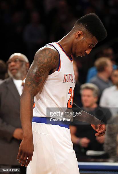 Iman Shumpert of the New York Knicks walks off the court after losing to the Oklahoma City Thunder on March 7, 2013 at Madison Square Garden in New...