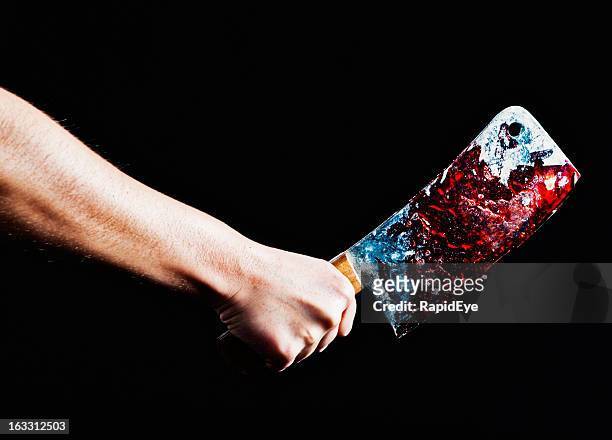 murder or meat preparation? hand grips blood-stained knife. - axe murderer stock pictures, royalty-free photos & images