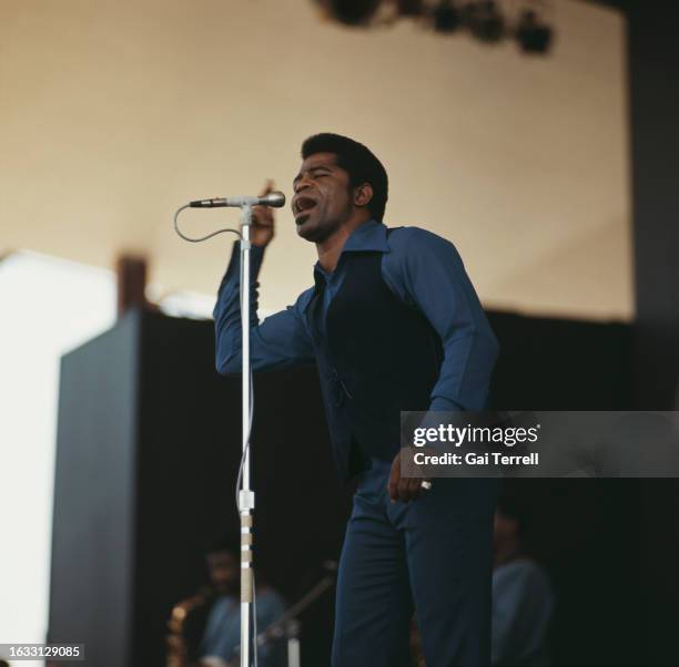 American singer and musician James Brown performing on stage at the Newport Jazz Festival, in Newport, Rhode Island, 6th July 1969.