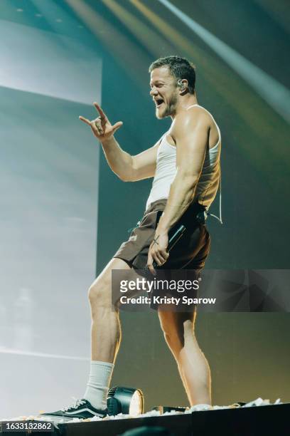 Dan Reynolds of Imagine Dragons performs onstage at Paris La Defense Arena on August 22, 2023 in Nanterre, France.