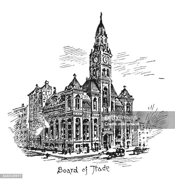 old engraving illustration of chicago in the 19th century, lasalle street and board of trade jackson st. - chicago board of trade stock pictures, royalty-free photos & images