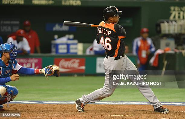 Netherlands' Jonathan Schoop bats as Cuba's catcher Frank Morejon looks on during the sixth inning of their second-round Pool 1 game in the World...