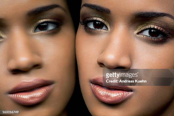 young woman and her mirror reflection, portrait. - face symmetry stock pictures, royalty-free photos & images