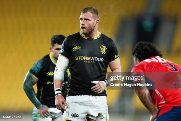 Brad Shields of Wellington looks on during the round three Bunnings Warehouse NPC match between Wellington and Tasman at Sky Stadium, on August 23 in...