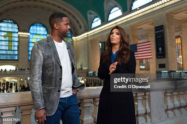 Eva Longoria and AJ Calloway visit "Extra" at Michael Jordan's The Steak House N.Y.C. In Grand Central Terminal on March 7, 2013 in New York City.