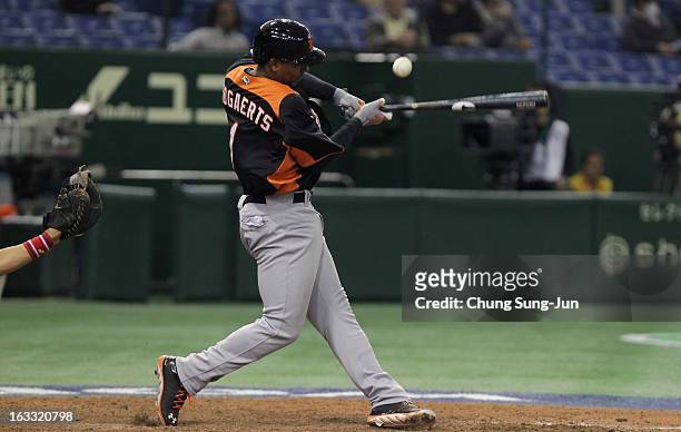 Xander Bogaerts of Netherlands bats during the World Baseball Classic Second Round Pool 1 game between the Netherlands and Cuba at Tokyo Dome on...