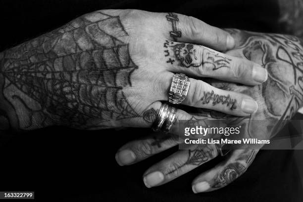 Close-up view of Ian Harding's tattooed hands as seen during The Australian Tattoo & Body Art Expo at the Royal Hall of Industries, Moore Park on...