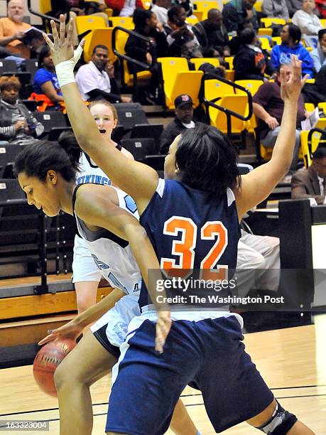 Whitman's Rebecca Ford guarded by Baltimore Poly's Teira Pendleton in the Maryland 4A semifinal game at University of Maryland-Baltimore County's RAC...