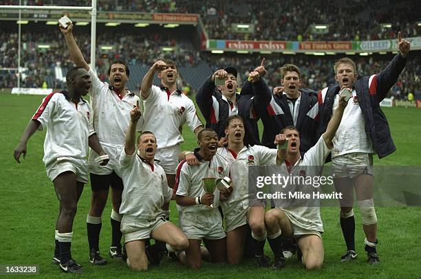 The victorious England team celebrate after winning the World Cup Sevens Final against Australia at Murrayfield in Edinburgh, Scotland. England won...