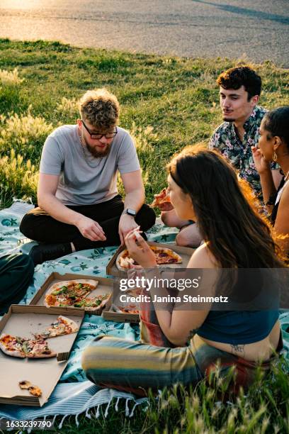 some friends are enjoying pizza together in the evening sun - brotzeit stock-fotos und bilder