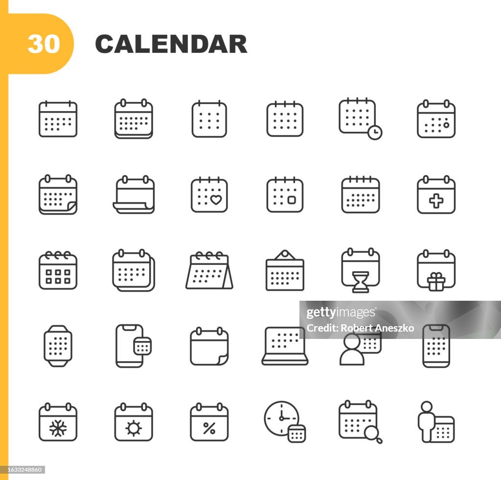 Kalender-Linien-Symbole. Bearbeitbarer Strich. Pixel perfekt. Für Mobile und Web. Enthält Symbole wie Termin, Uhr, Datum, Deadline, Urlaub, Besprechung, Büro, Plan, Zeitplan, Schule, Zeitmanagement, Urlaub, Valentinstag, Woche, Winter, Jahr.