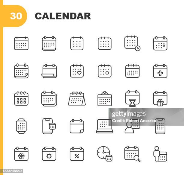 kalender-linien-symbole. bearbeitbarer strich. pixel perfekt. für mobile und web. enthält symbole wie termin, uhr, datum, deadline, urlaub, besprechung, büro, plan, zeitplan, schule, zeitmanagement, urlaub, valentinstag, woche, winter, jahr. - day of the week stock-grafiken, -clipart, -cartoons und -symbole