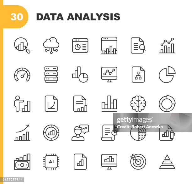 ilustrações de stock, clip art, desenhos animados e ícones de data analysis line icons. editable stroke. pixel perfect. for mobile and web. contains such icons as analytics, artificial intelligence, assessment, big data, chart, cloud computing, dashboard, data analysis, diagram, finance, performance, statistics. - big data