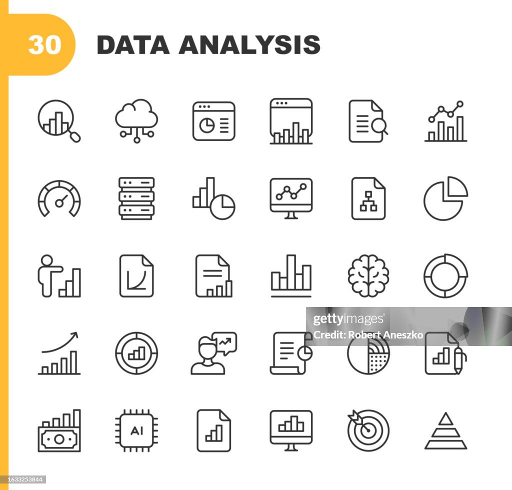 Data Analysis Line Icons. Editable Stroke. Pixel Perfect. For Mobile and Web. Contains such icons as Analytics, Artificial Intelligence, Assessment, Big Data, Chart, Cloud Computing, Dashboard, Data Analysis, Diagram, Finance, Performance, Statistics.