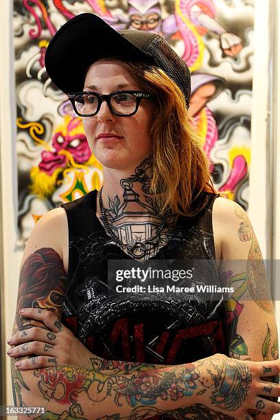 Tattoo artist Holly Saville of 'Sideshhow Tattoos' poses during The Australian Tattoo & Body Art Expo at the Royal Hall of Industries, Moore Park on...