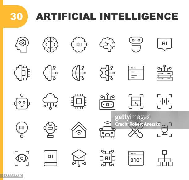 artificial intelligence line icons. editable stroke. pixel perfect. for mobile and web. contains such icons as ai, brain, chip, coding, data, engineering, generative art, gpu, machine, machine learning, neural network, processor, programming, robot. - generative art stock illustrations