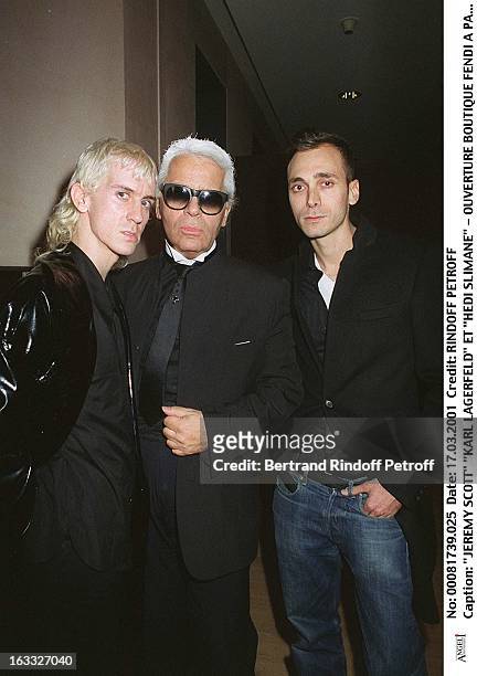 Jeremy Scott, Karl Lagerfeld and Hedi Slimane at theOpening Of Fendi Shop In Rue Francois In Paris.