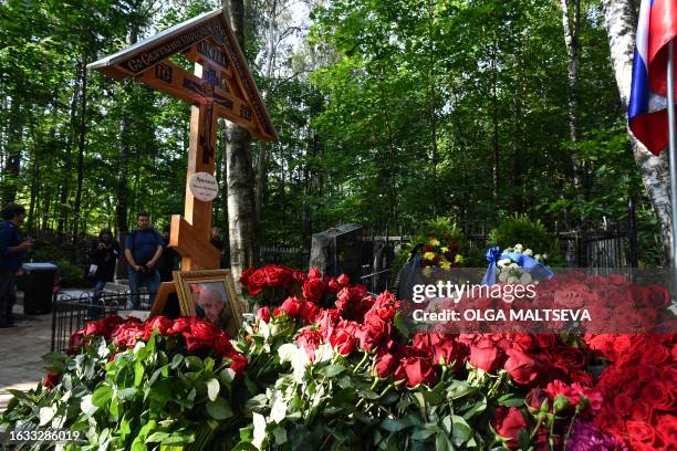 View shows the grave of Wagner private mercenary group chief Yevgeny Prigozhin, who was killed in a private jet crash in the Tver region last week,...