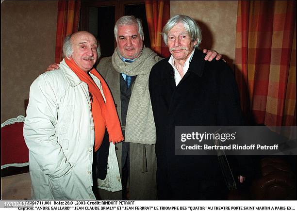 Andre Gaillard "Jean Claude Brialy" and "Jean Ferrrat" the success of "Quartets" at the theater Porte Saint Martin in Paris.