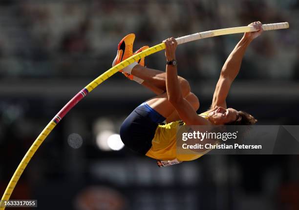 Armand Duplantis of Team Sweden competes in the Men's Pole Vault Qualification during day five of the World Athletics Championships Budapest 2023 at...