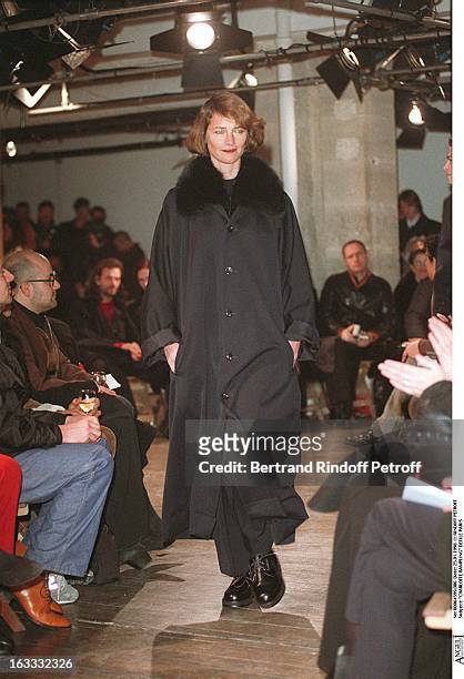 Charlotte Rampling at theYohji Yamamoto Menswear Catwalk Autumn Winter 98/99 Collection.