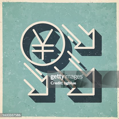 Yen decrease. Icon in retro vintage style - Old textured paper Yen decrease. Icon in retro vintage style - Old textured paper