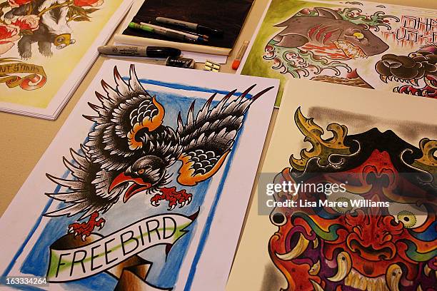 Tattoo prints as seen on display during The Australian Tattoo & Body Art Expo at the Royal Hall of Industries, Moore Park on March 8, 2013 in Sydney,...