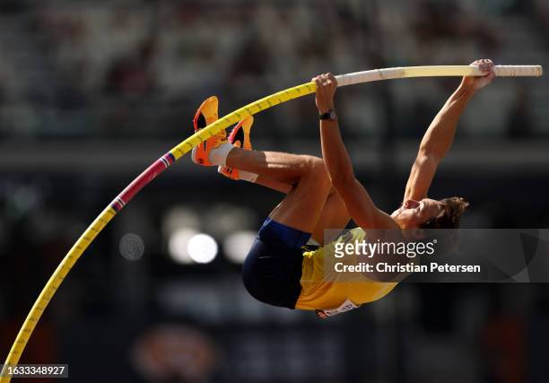 Armand Duplantis of Team Sweden competes in the Men's Pole Vault Qualification during day five of the World Athletics Championships Budapest 2023 at...