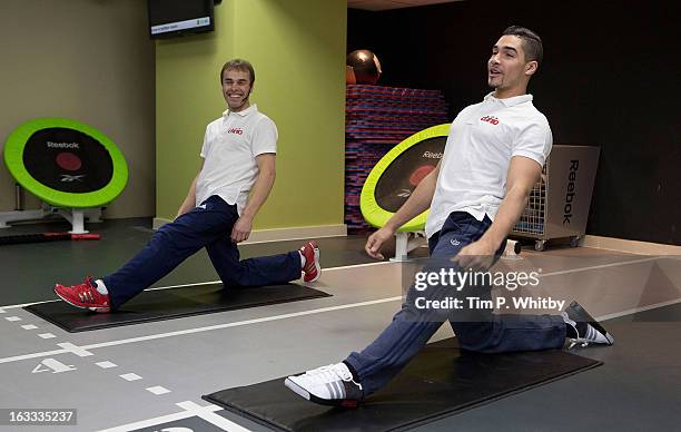 Olympic gymnast Louis Smith gives a master class during the launch of Danio, a new high protein strained yogurt from Danone, at Nuffield Health on...