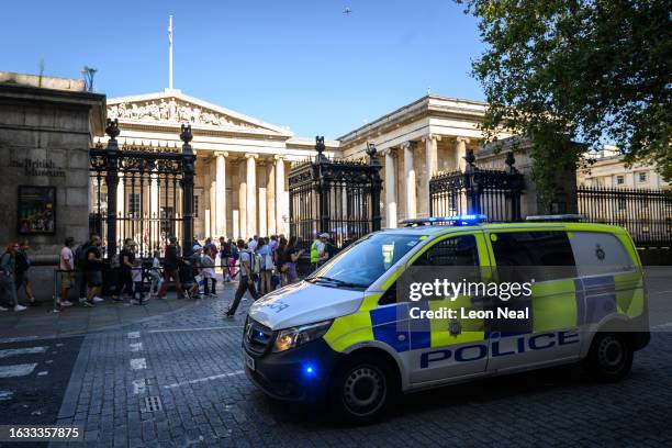 Police van is seen outside the gates of the British Museum as officers deal with a public disturbance on August 23, 2023 in London, England. British...