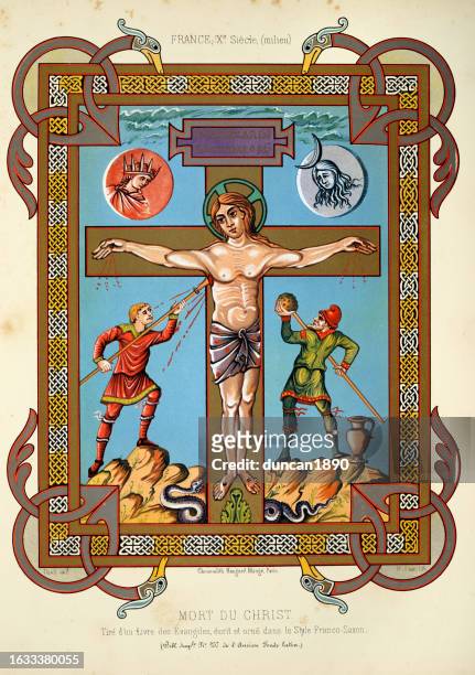 the death of christ, jesus on the cross, spear, vinegar sponge, taken from a book of the gospels, 10th century french religious art - stabbing stock illustrations