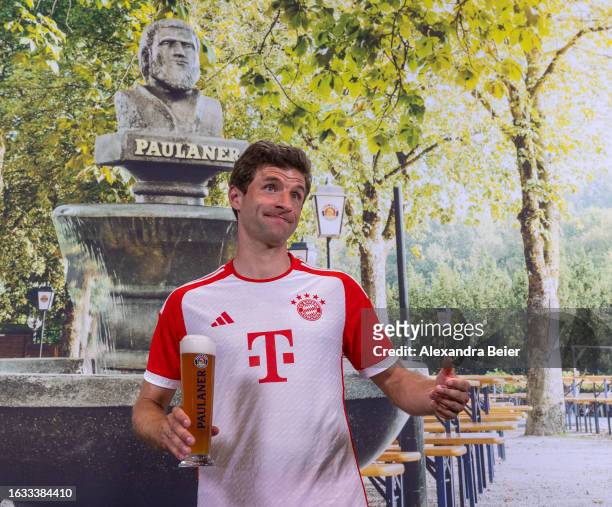 Thomas Mueller of FC Bayern Muenchen poses during the photo session of FC Bayern Muenchen partner Paulaner on August 22, 2023 in Munich, Germany.