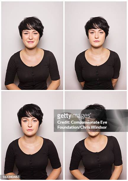 portrait of smiling young woman in photo booth - facial expressions series stock pictures, royalty-free photos & images