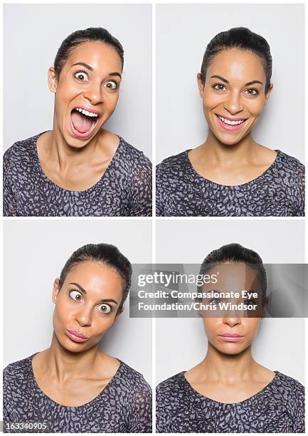 portrait of young woman having fun in photo booth - multiple images different expressions stock-fotos und bilder