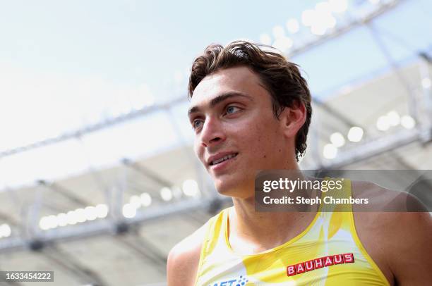 Armand Duplantis of Team Sweden looks on in the Men's Pole Vault Qualification during day five of the World Athletics Championships Budapest 2023 at...