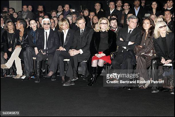 Wren Scott, Karl Lagerfeld, Helene and Bernard Arnault, Catherine Deneuve, Katia and Sidney Toledano, Betty Catroux at Front Row At Dior Catwalk Show...