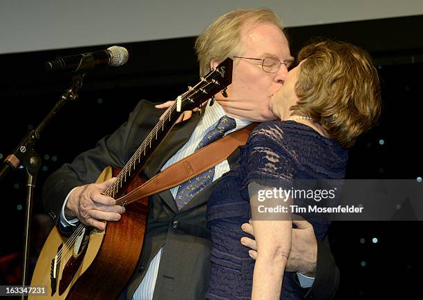 Michael McKean and Annette O'Toole kiss after performing a song at the Texas Film Hall of Fame Awards at Austin Studios on March 7, 2013 in Austin,...