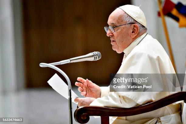 Pope Francis attends his weekly General Audience at the Paul VI Hall on August 23, 2023 in Vatican City, Vatican.