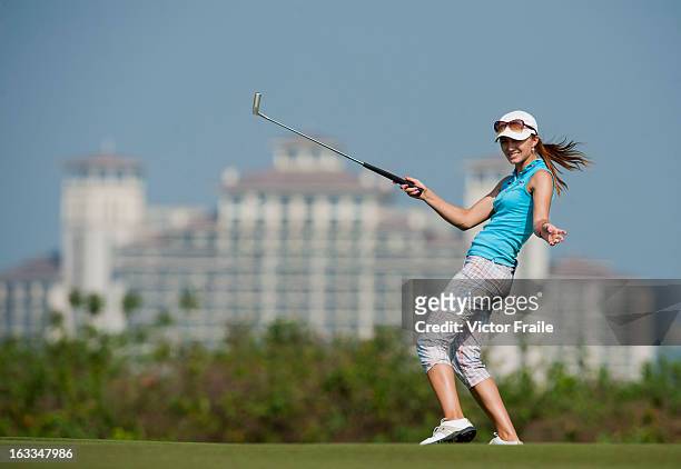 Klara Spilkova of Czech Republic reacts to her putt on the 14th green during day two of the Mission Hills World Ladies Championship at Mission Hills'...