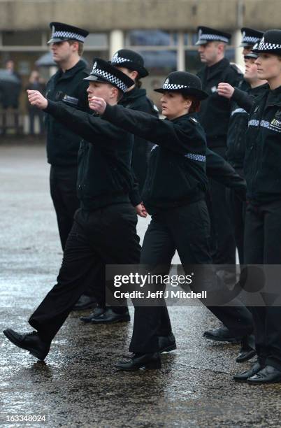 Police recruits participate in a passing out parade at Tulliallan Police College on March 8, 2013 in Tulliallan, Scotland. All eight Police Forces in...