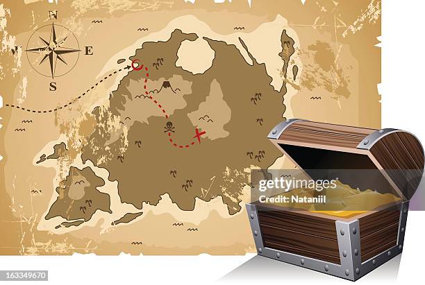 torn old treasure map with route and destination marked - trunk furniture 幅插畫檔、美工圖案、卡通及圖標