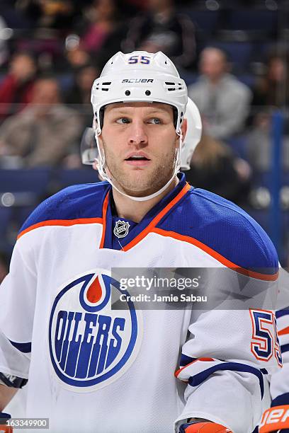 Ben Eager of the Edmonton Oilers takes a breather against the Columbus Blue Jackets on March 5, 2013 at Nationwide Arena in Columbus, Ohio.