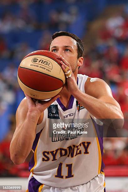 Aaron Bruce of the Kings shoots a free throw during the round 22 NBL match between the Perth Wildcats and the Sydney Kings at Perth Arena on March 8,...