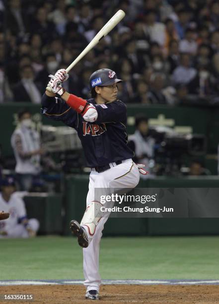 Hayato Sakamoto of Japan bats in the sixth inning during the World Baseball Classic Second Round Pool 1 game between Japan and Chinese Taipei at...