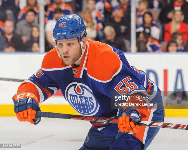 Ben Eager of the Edmonton Oilers skates against the Phoenix Coyotes during an NHL game at Rexall Place on February 23, 2013 in Edmonton, Alberta,...