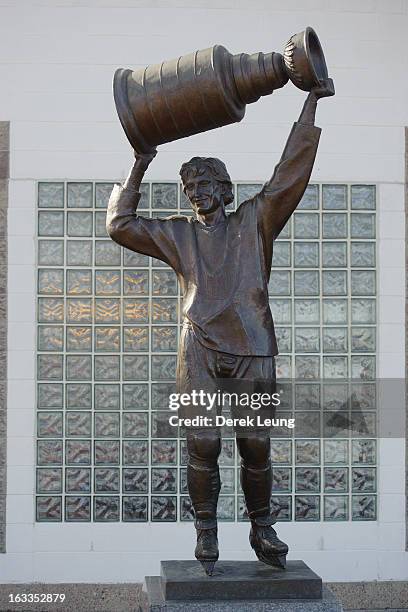 View of the Wayne Gretzky statue outside of Rexall Place seen before an NHL game between the Edmonton Oilers and the Phoenix Coyotes on February 23,...